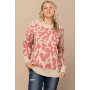 ODDY NWOT Cream and Pink Animal Print Sweater Size 1XL/2XL